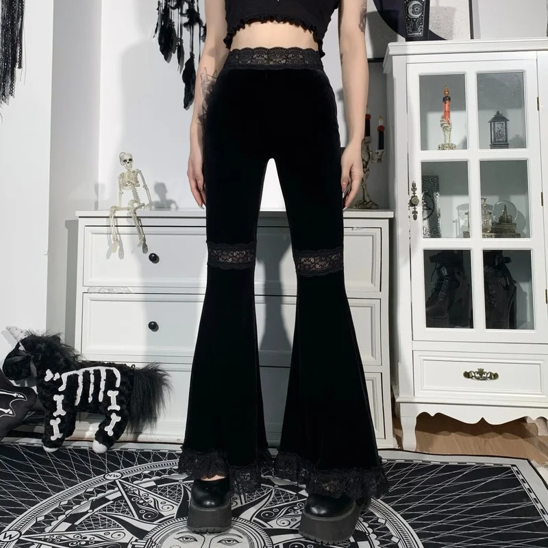 

Mall Goth High Waist Flared Pants Aesthetic 2021 New Sexy Lace Patchwork Trousers Women Vintage Elegant Velvet Christmas Pants
