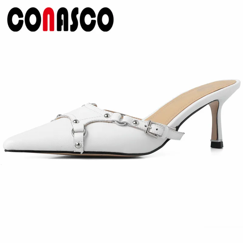 

CONASCO Cow Leather Women Pumps Spring Summer Mature Classic Office Casual Shoes Woman Concise Cool Sexy High Heels Slippers