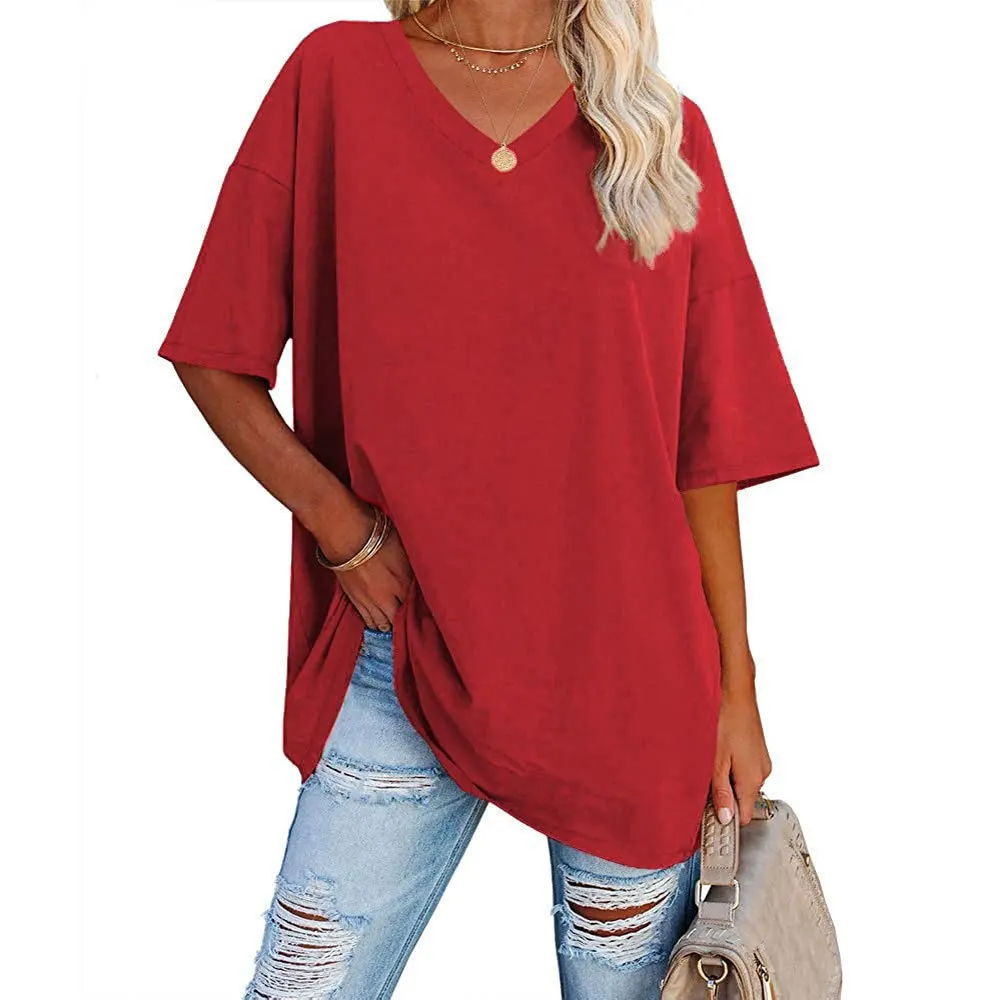 

2022 New Loose Half Sleeve V-Neck Cotton Tunic Top Oversized Ladies T-Shirt gray22