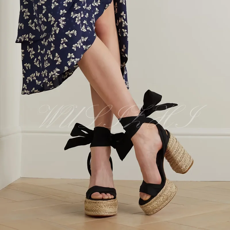 Orange Platform Espadarille Ankle Straps Sandals Thick Heel Cloth Belt Open Hollow Blue Denim Strap Riband Slingback Casual Shoe