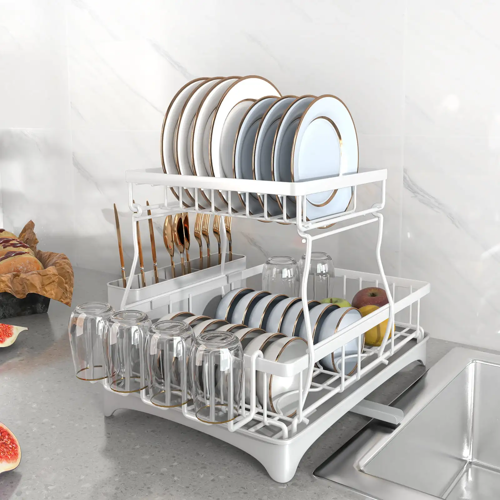 

2-Tier Large Drying Dish Rack Set, Stainless Steel Dish Racks with Drainage,Dish Drainers for Kitchen Counter