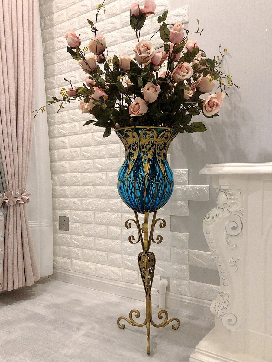 

Большая напольная ваза, искусственная Роскошная Европейская гостиная, стеклянная фурнитура, товар в американском стиле, Высококачественная Цветочная композиция