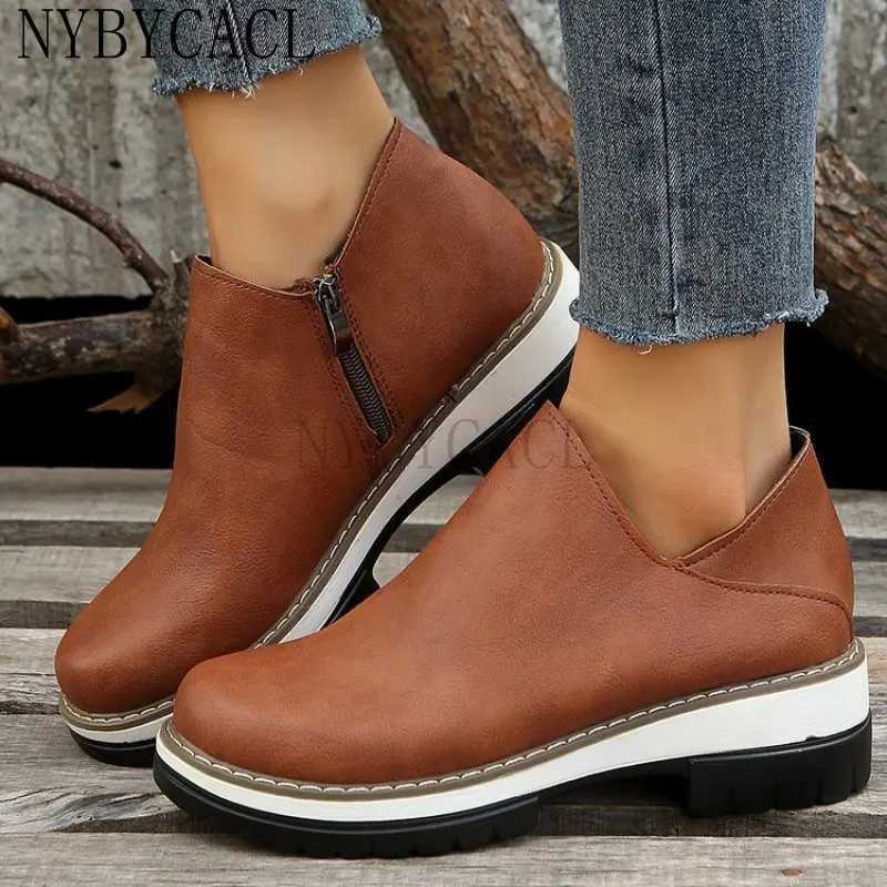Fashion Women Short Boots Round Toe High Top Platform Wedges Retro Booties Soft Leather Zipper Comfortable Ankle Boots for Woman
