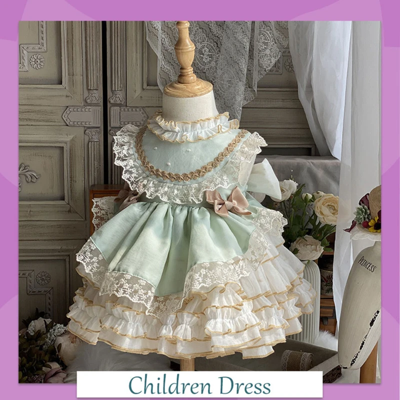 Children Dress Color Matching Lace Bowknot Sleeveless Layered Fluffy Skirt Baby Girl Spring Summer Lolita Style Princess Dress