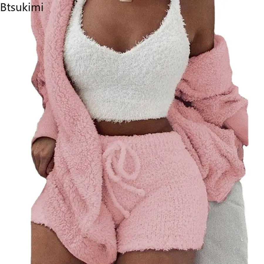 Pajama Set Women 2PC/3PCS Sexy Fluffy Suit Velvet Plush Robe Set Soft Warm Sleeveless Sweater Loungewear Pijamas Mujer Sleepwear