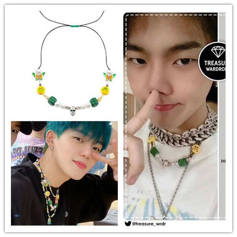 

Kpop TREASURE Hyunsuk Choi JUNKYU Jihoon Park YOSHINORI Skeleton Butterfly Woven Christmas Green Multi Element Matching Necklace