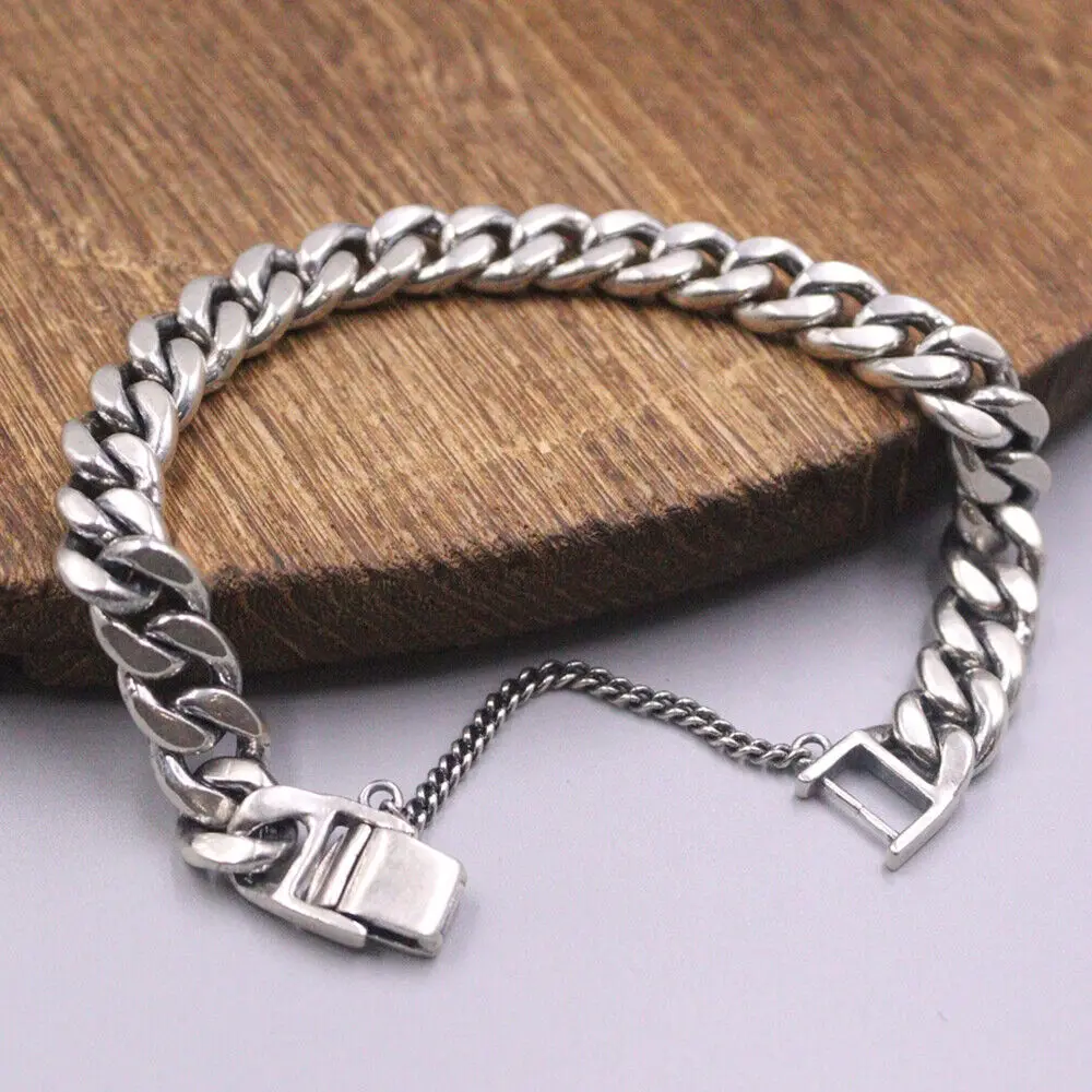 

7.87inch Real 925 Sterling Silver 10mm Curb Link Bracelet Men Unique Clasp