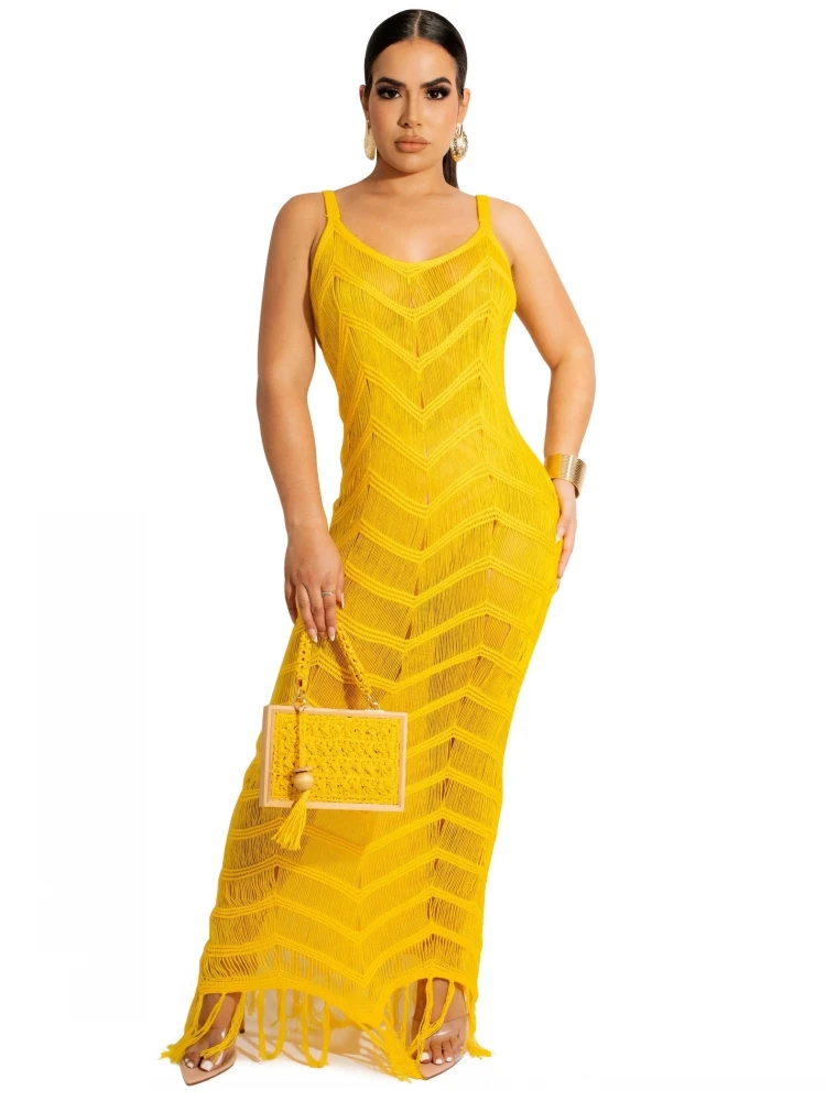 

Knitted Tassel Summer Women Beach Maxi Dress 2022 Sleeveless Spaghetti Strap Long Dresses Hollow Out Asymmetrical Vestidos