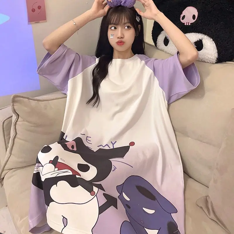 

Sanrio Kuromi Cotton Nightdress Cinnamoroll Summer New Cartoon Cute Round Collar Short Sleeve Long Can Be Worn Outside The Home