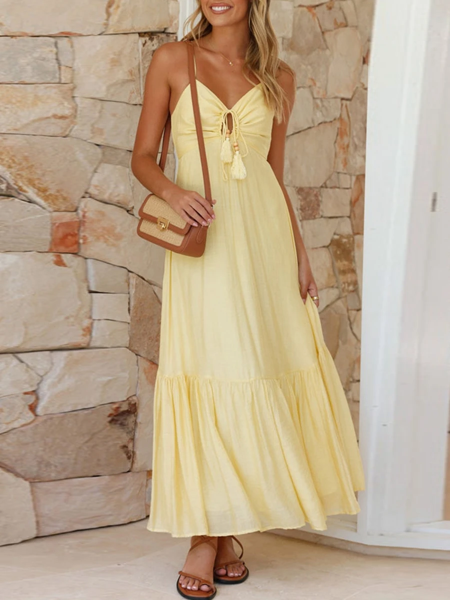 Женское летнее длинное платье на бретелях-спагетти