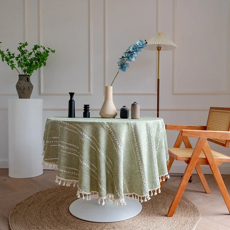 

Круглая скатерть с вышивкой и кисточками, полиэстер/хлопок