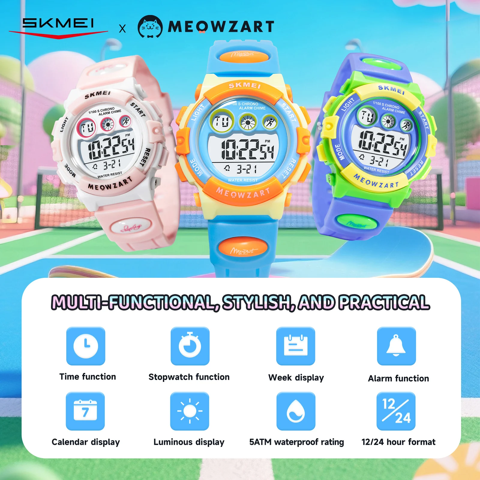 Фото Наручные часы SKMEI 7803 MEOWZART: Детские, подростковые, студенческие часы с водонепроницаемостью 5ATM, секундомером, будильником и датой для активного образа жизни №5