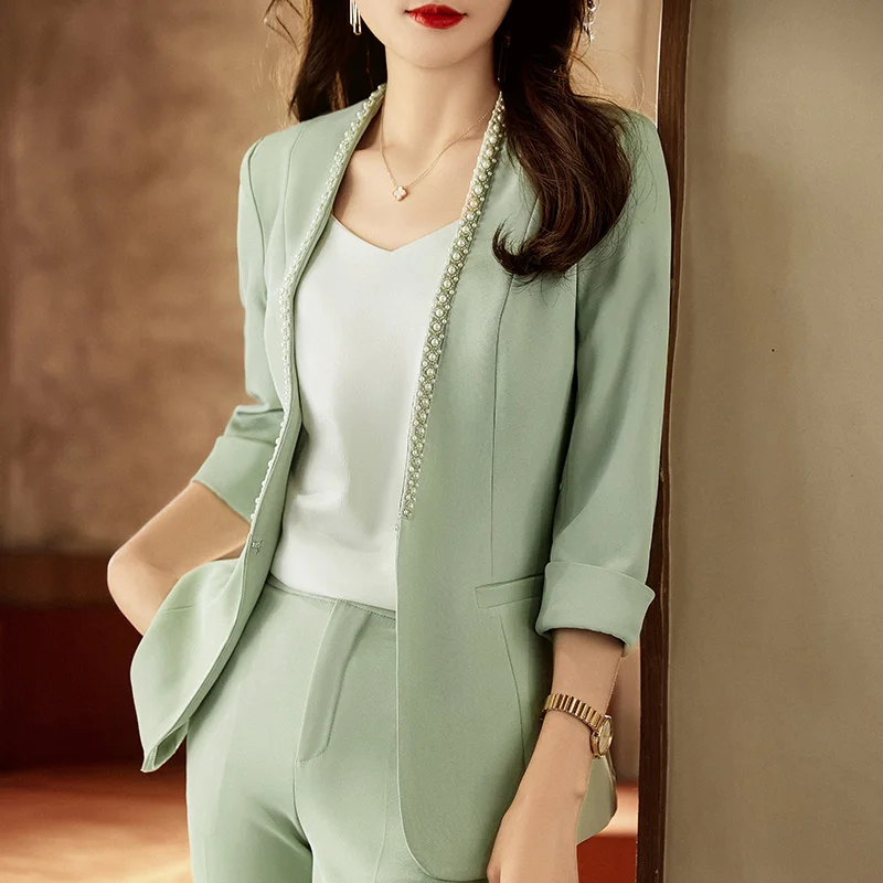 Korean spring  suit large size office women business white-collar formal dress professional dress work clothes green suit pants