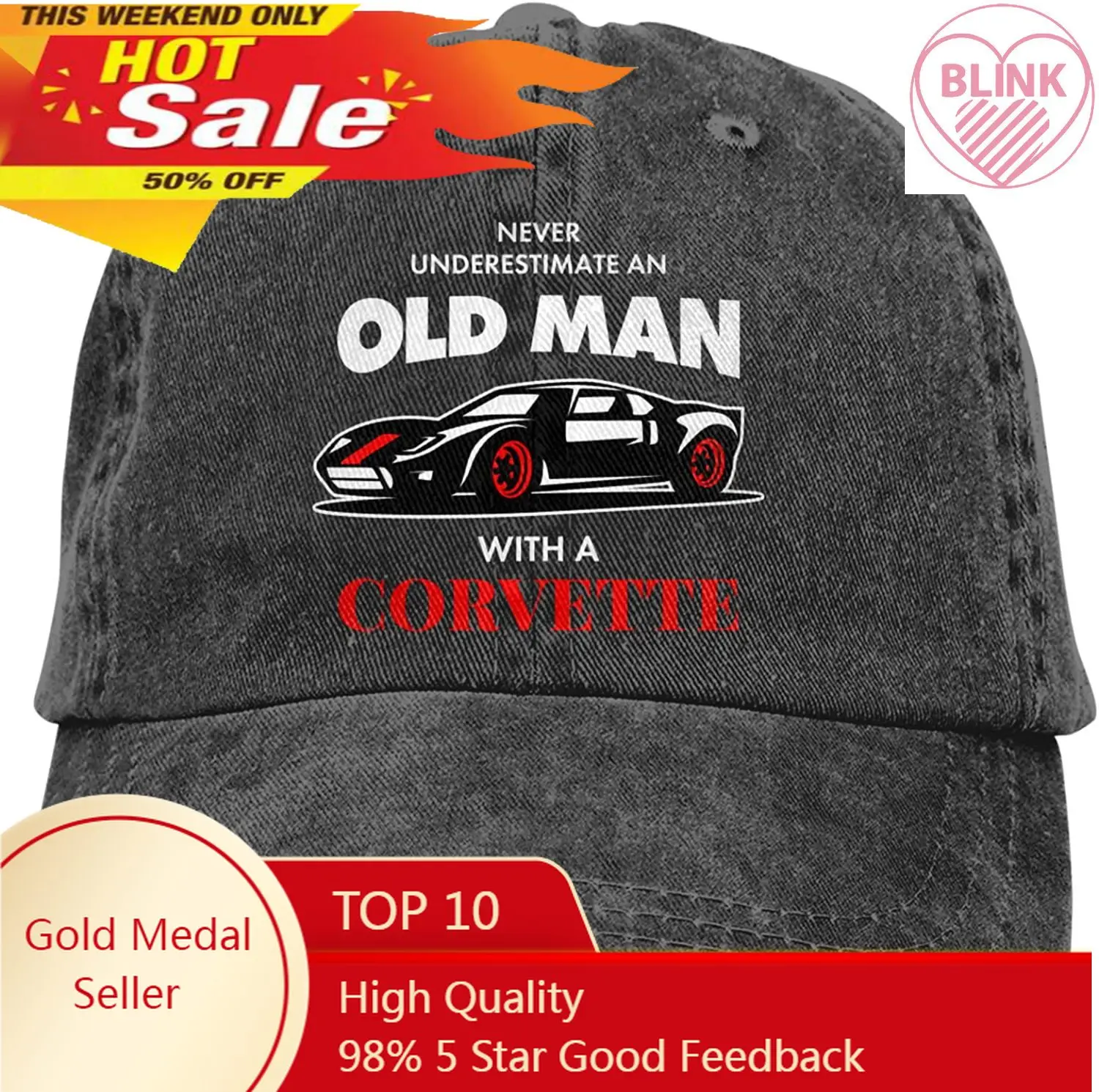 

Never Underestimate an Old Man with A Corvette (3) Unisex Vintage Baseball Cap Washed Denim Adjustable Dad Hat Cotton Cowboy Hat