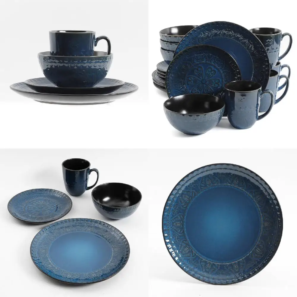 

"Perfect for Large Gatherings & Everyday Use: Contemporary 16-Piece Blue Stoneware Dinnerware Set - Stylish & Luxurious."