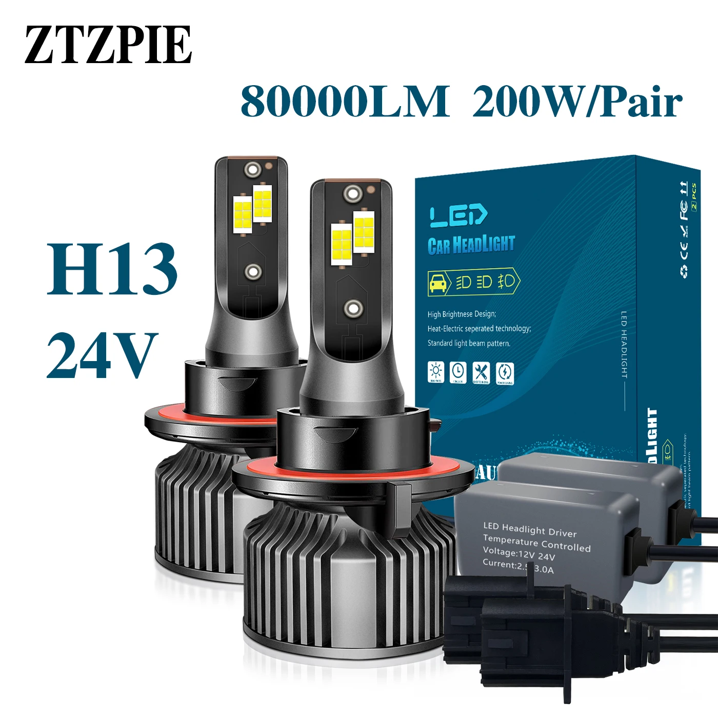 

ZTZPIE 24V 6500k For Car Special Use H13 High Beam And Low Beam Bulb Canbus Led Lamp CSP 3570 Car Headlight Auto Light 200W