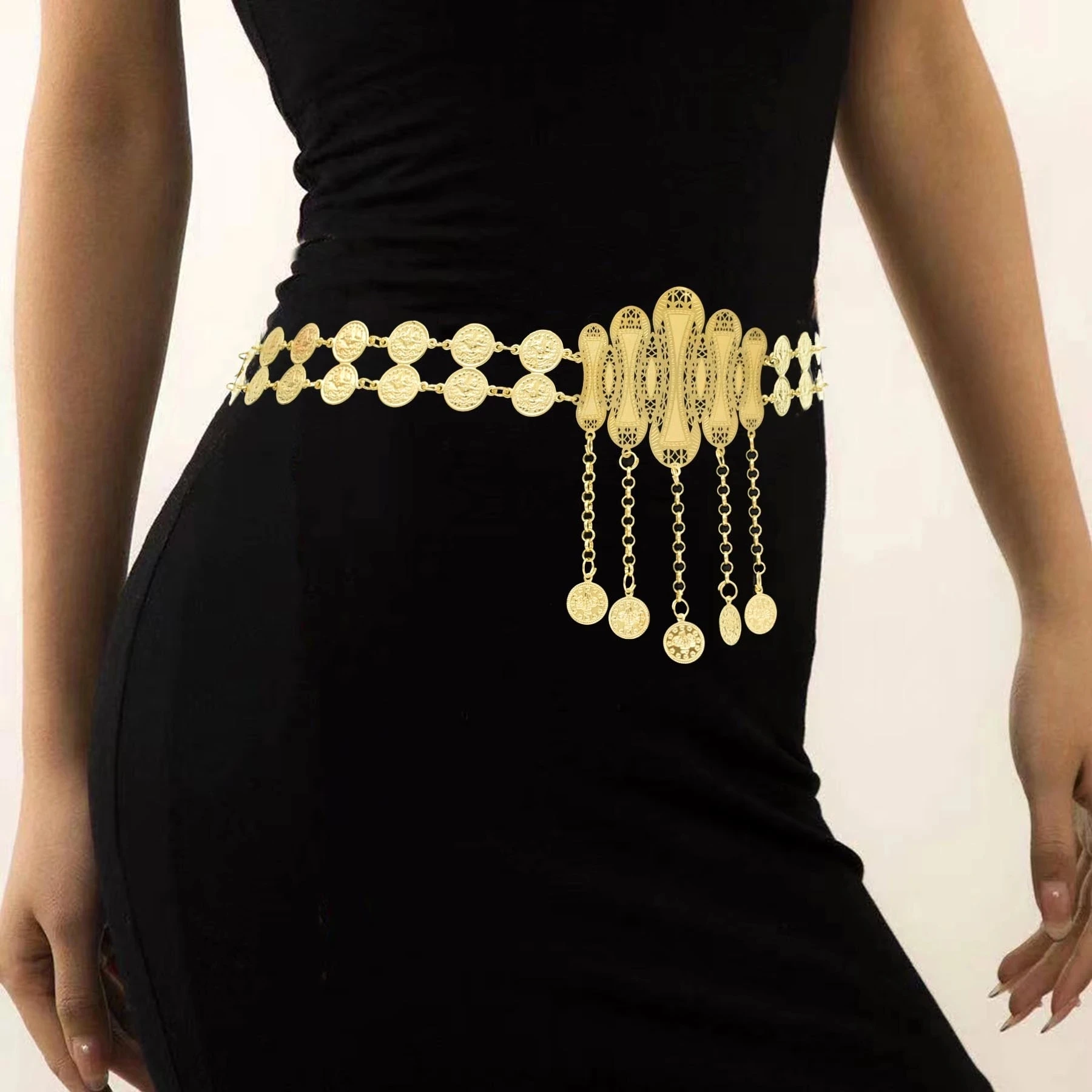 Золотая Длинная цепочка монеты с кисточкой металлическая нить тайский арабский