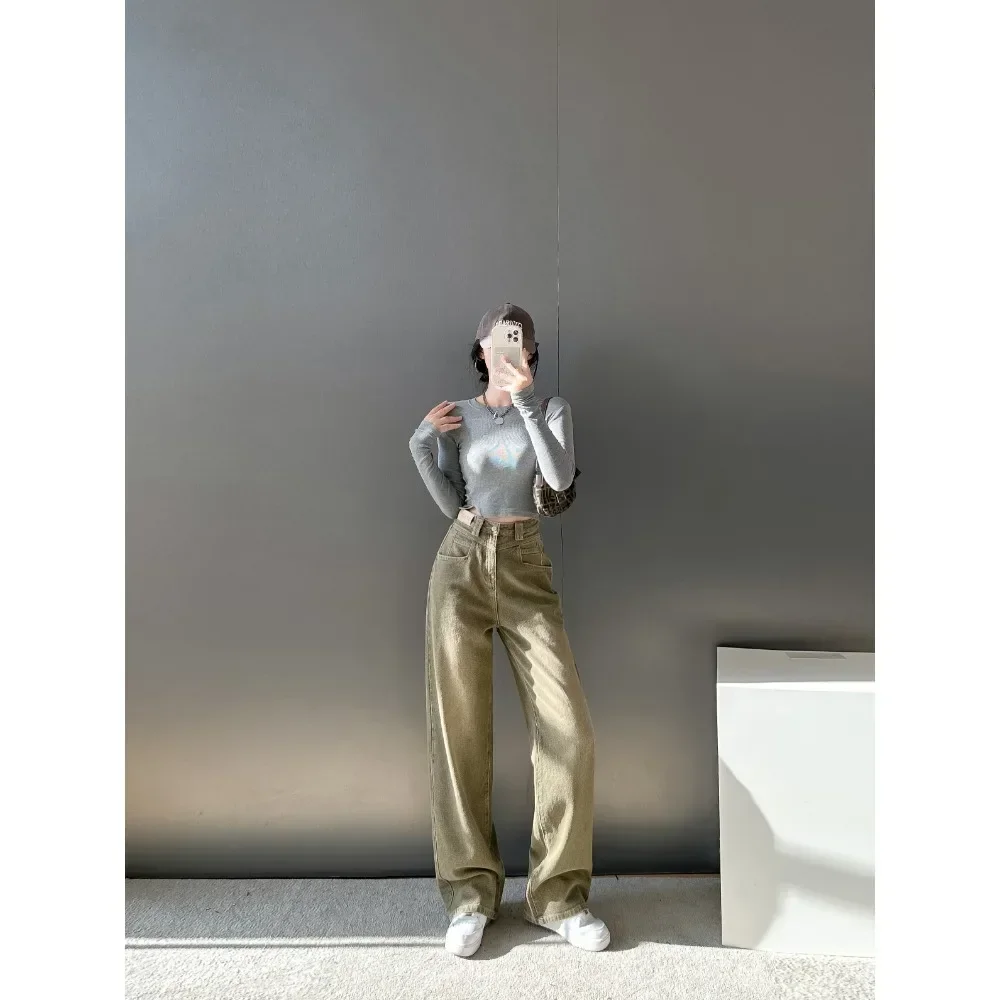 Светло-зеленые пушистые) джинсы с воротником мешковатые брюки женские