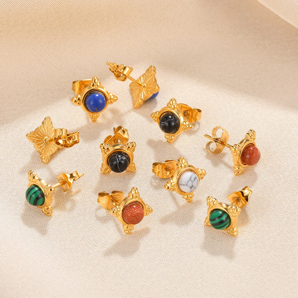 

Punk Square Geometric Earrings For Women Round Stone Ear Stud Rectangular Gold Color Metal Earrings 2023 New Trendy Jewelry Gift