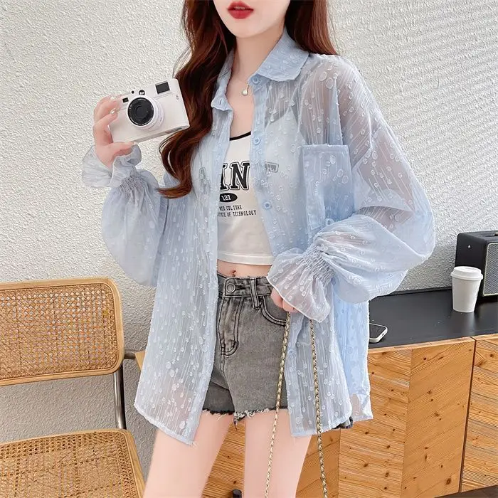 Легкая жаккардовая рубашка Солнцезащитная одежда женская летняя Корейская