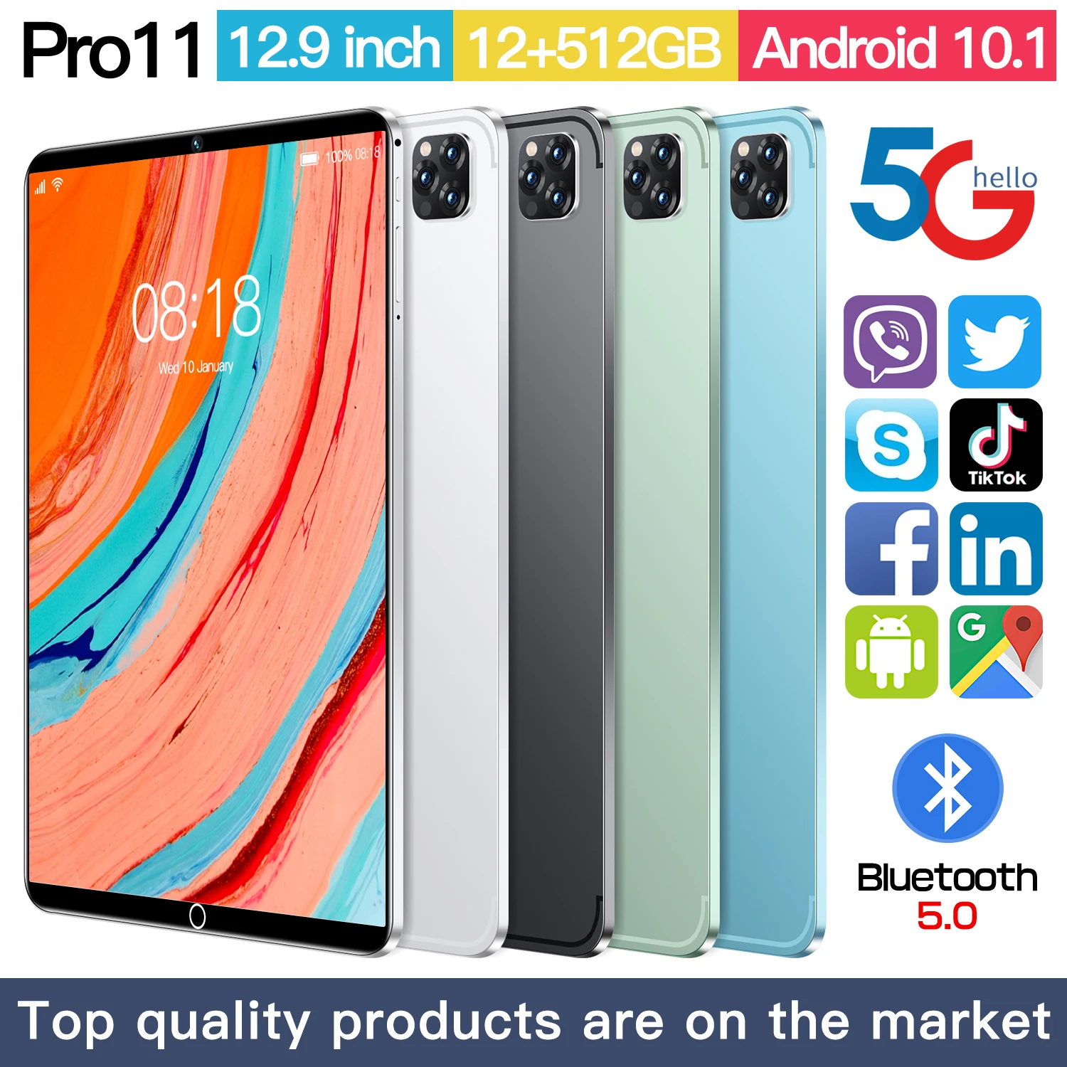 

5G планшет 10,1 дюймов 2022 Новый Android 12 Гб + 512 Гб офисный телефон 2 в 1 HD + Подключаемая двойная карта + wifi + распознавание лица