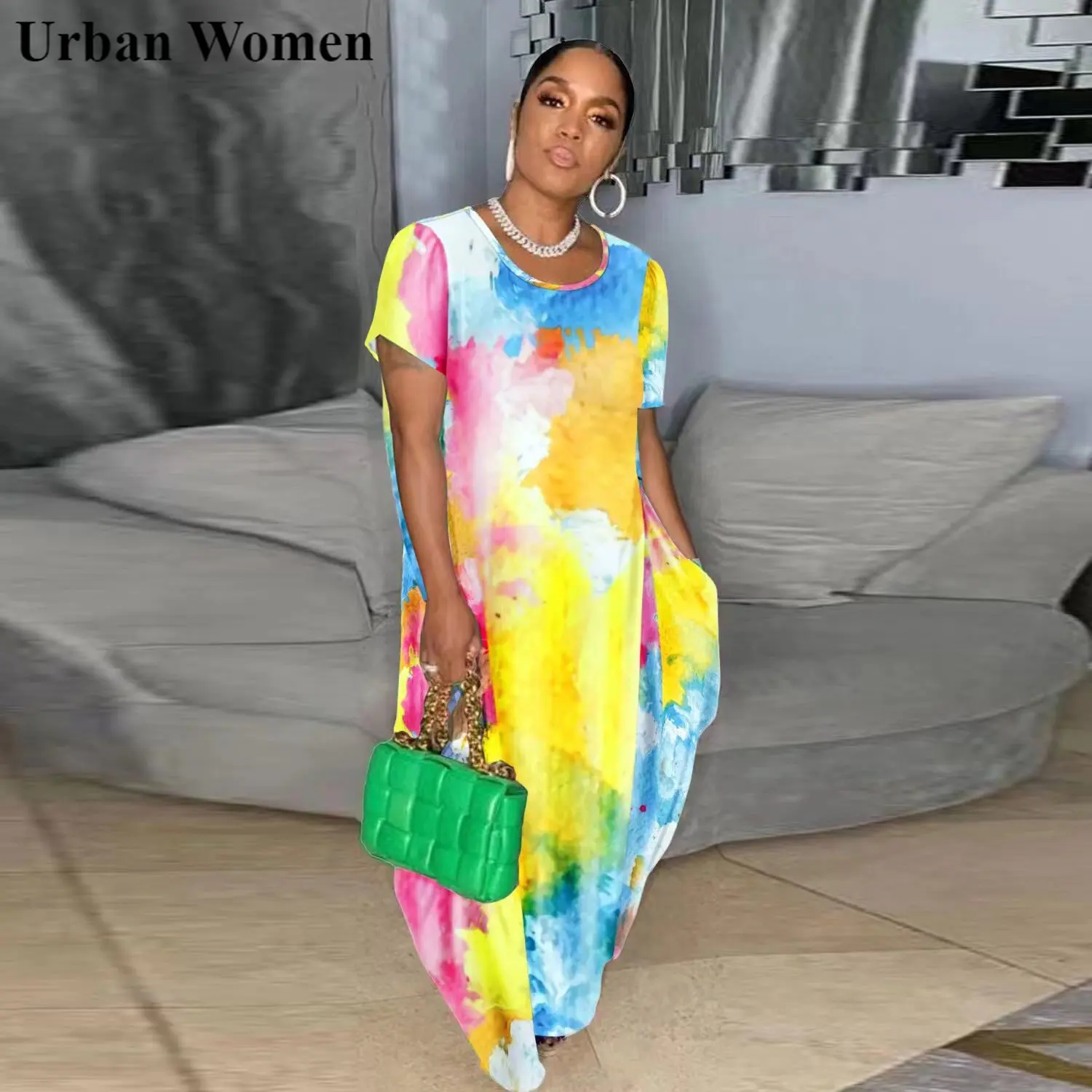

Summer Fashion Loose Print Dress Women Casual Round Neck Short Sleeve Pocket Print Long Dress Women