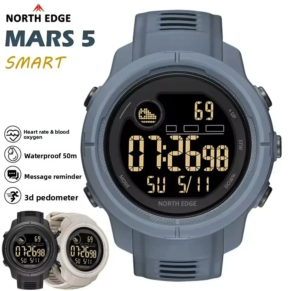 Фото Новые мужские цифровые часы NORTH EDGE NEW MARS 5, спортивные часы для активного отдыха, военные часы с LED-дисплеем, водонепроницаемые до 50 метров, умные часы с функциями измерения пульса и SpO2 для мужчин. №1
