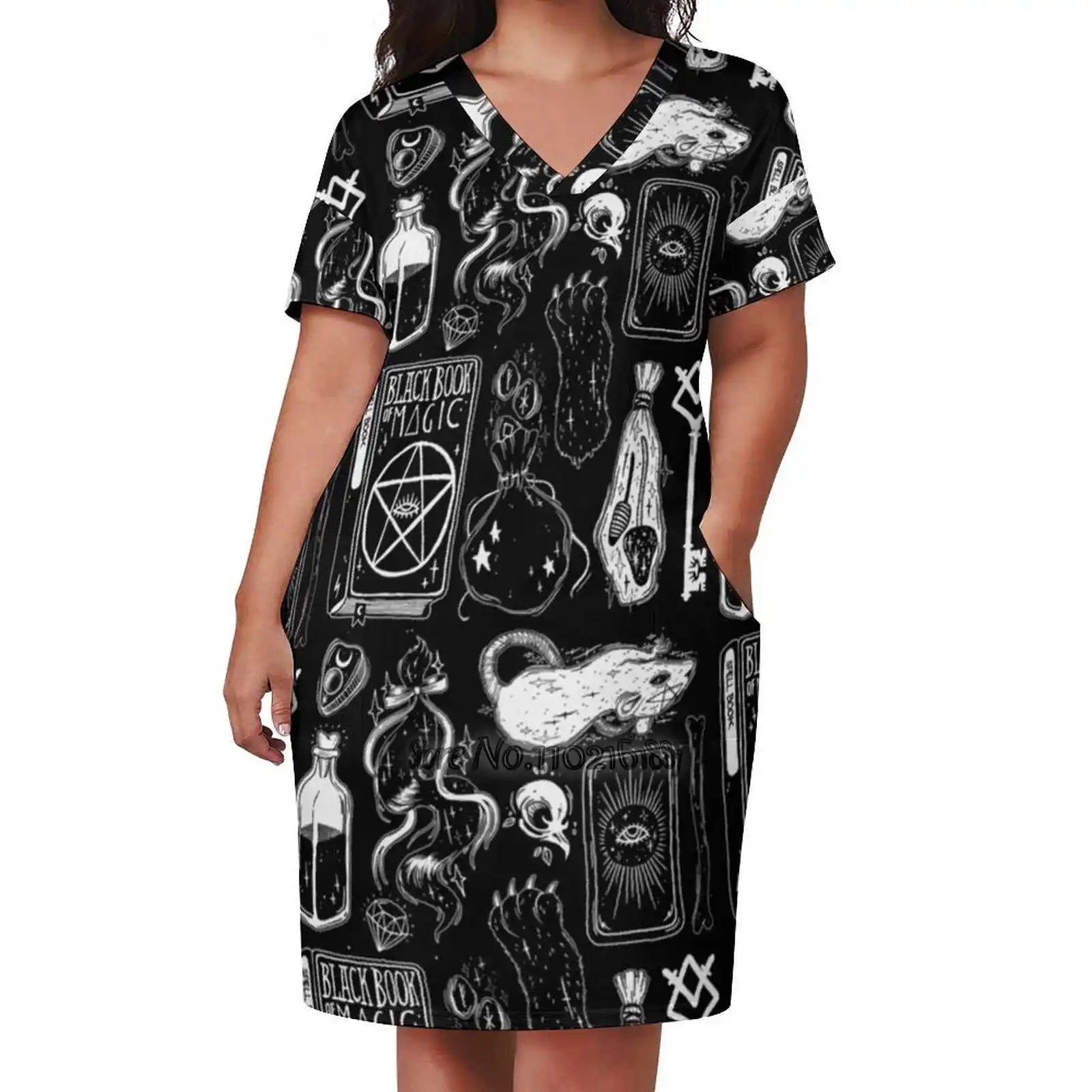 Что в моей сумке? Женское платье-трапеция с V-образным вырезом и коротким рукавом |