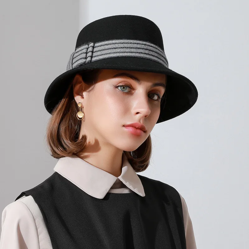 

Wool Felt Hat Ribbon Bow In The Warm Hat Female Chun Xia Round POTS Hat Cone Top Hat Fashion Elegant Art Wind Caps