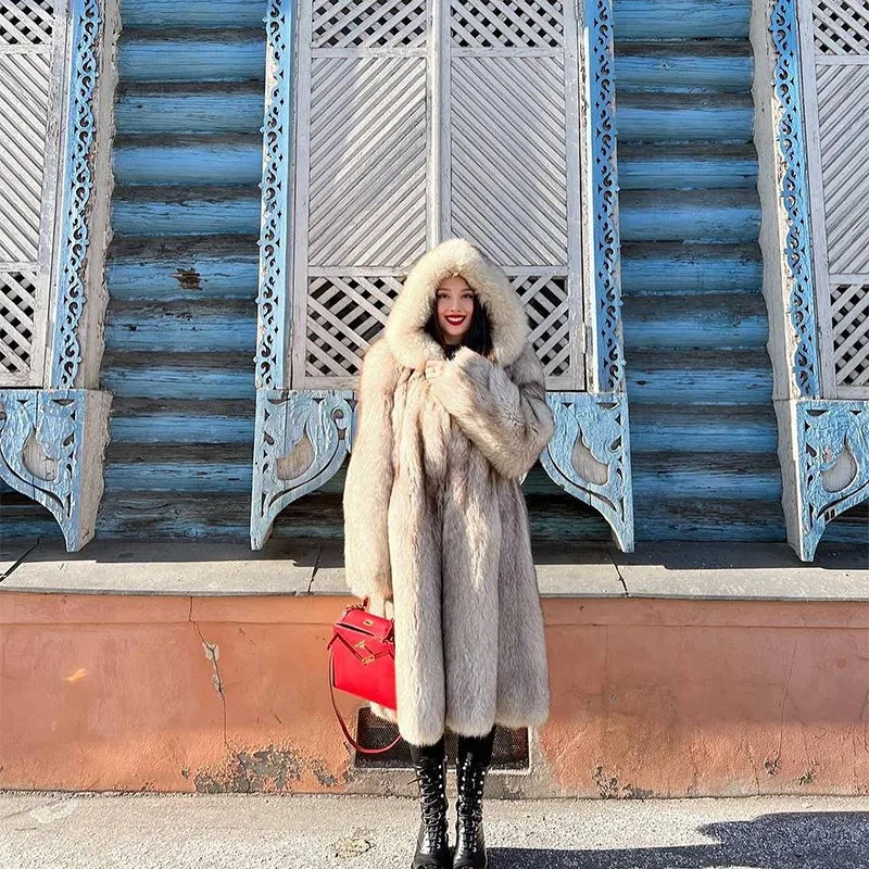 Luxury Genuine Fox Fur Coats Women Streetwear Tide High Quality Outertwear Lady Hooded Warm Natural Real Fox Fur Jacket Female