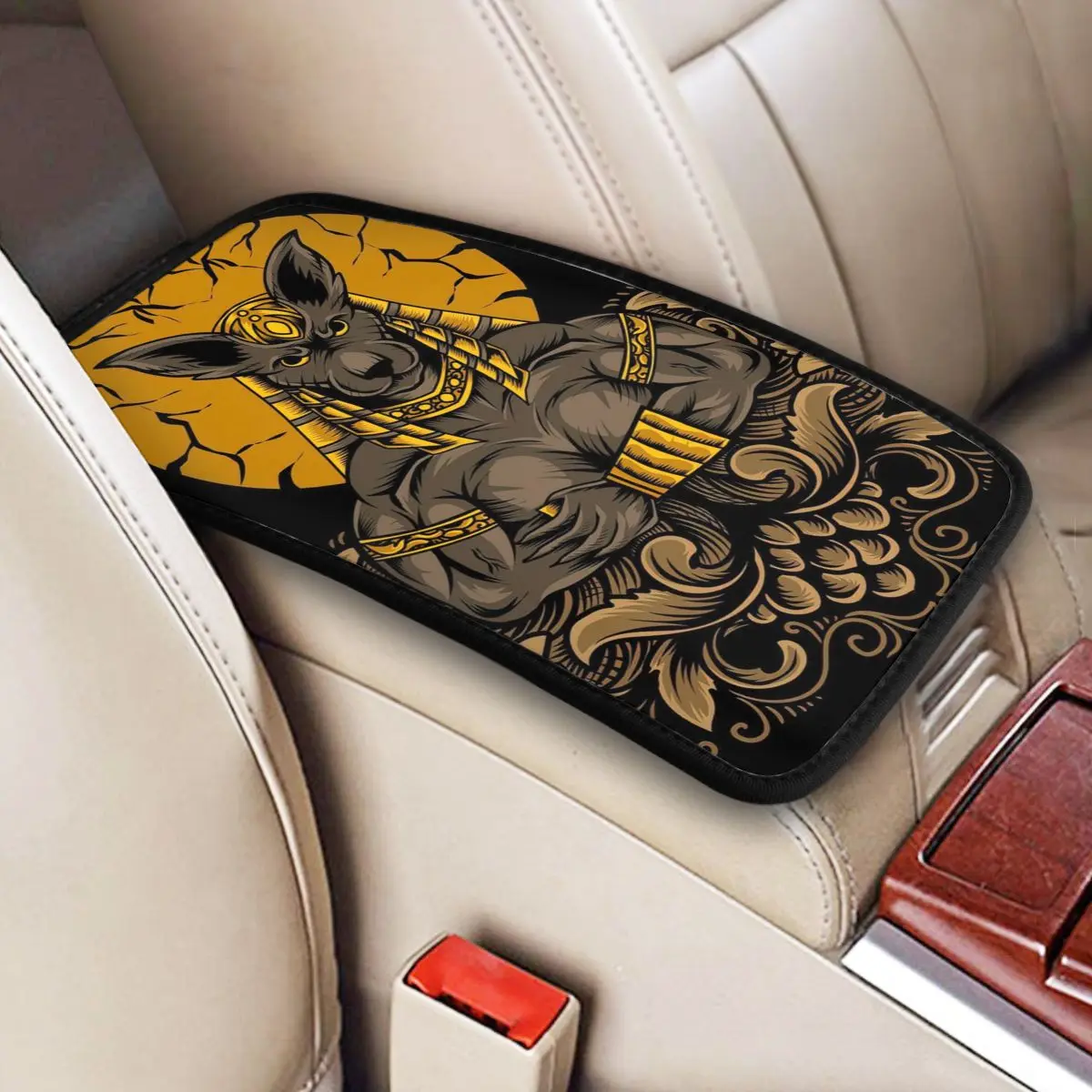 

Anubis God With Engraving Ornament Car Accessories Car Handrail Box Cushion Custom Print Non-slip Car Armrest Cover
