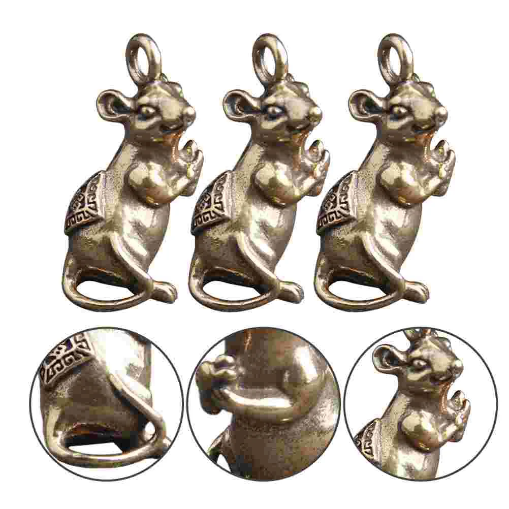 

3 Pcs Chinese Brass Keychain Diy Charm Pendant Car Rat Figurine Keychains Keys Animal Fengshui Ring Mini Statue