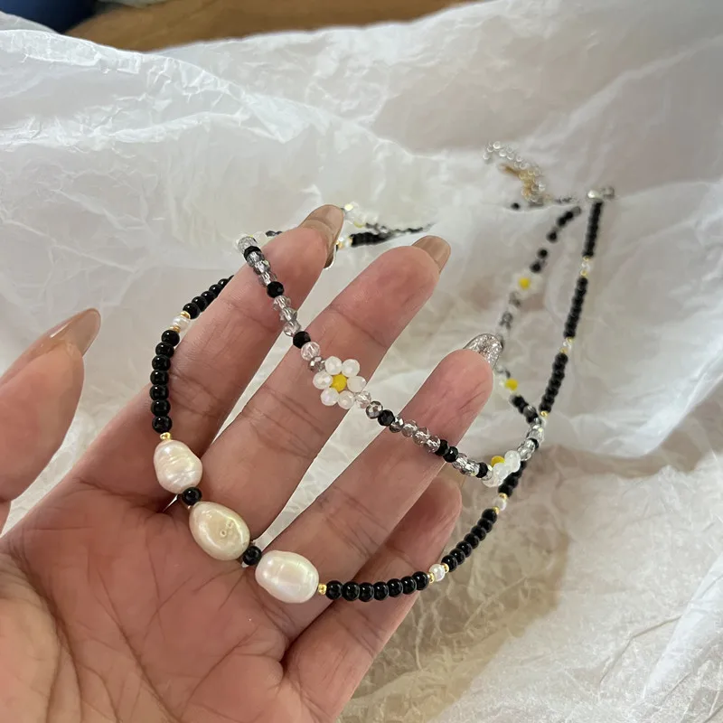 

Natural Fresh Water Baroque Pearl Necklace Fashion Shiny Crystal Glass Beads Boho Colorful Choker Pendant Collar Female Jewelry