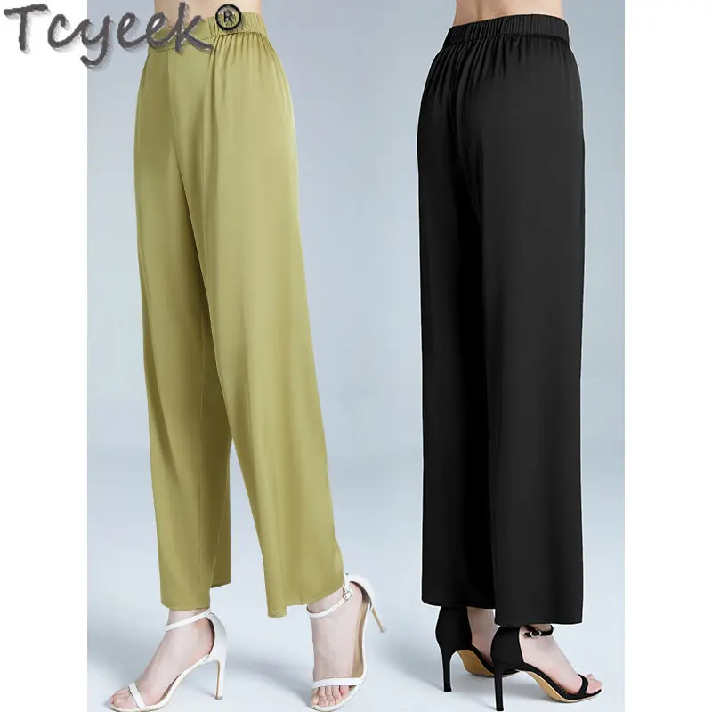 Tcyeek Summer Straight Pants Female Thin 95% Mulberry Silk Long Trousers Woman Clothing Elegant Middle Waist Pants Pantalones