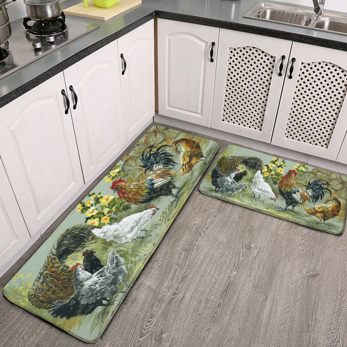 

Kitchen Mat 2 PCS Cushioned Anti-Fatigue Kitchen Rug Watercolor Painted Rooster Hen Rural Life Waterproof Non-Slip Kitchen Mats