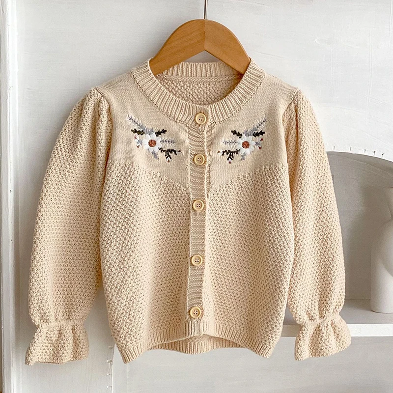 2023 New Autumn Baby Clothing Newborn Baby Girls Sweater Coat Long Sleeve Floral Embroidery Infant Baby Girls Knitting Cardigan