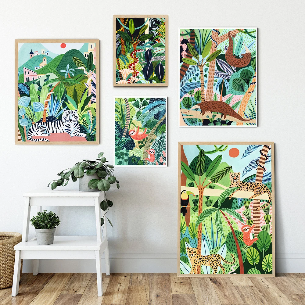 

Nature Forest Animal Canvas Wall Print Tropical Plant Art Painting Leopard Sloth Snake Poster Nursery Home Decor Picture