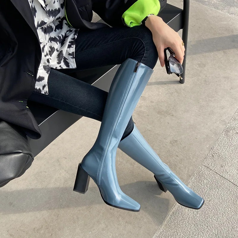 TSTCTB Blue Yellow Gray Patent PU Leather Womens Boots Block High Heeled Winter Shoes Knee High Riding Boots Knee-high Booties