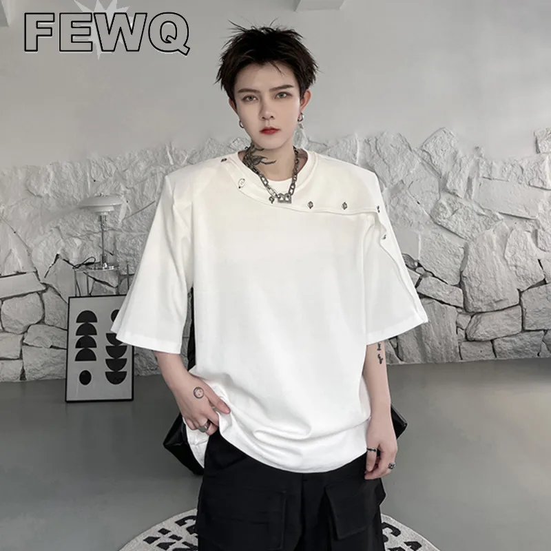 

FEWQ 2023 Summer Solid Color Men's Top New Fashion Patchwork Button Decoration Short Sleeve T-shirt Trend Round Collar 9A7896