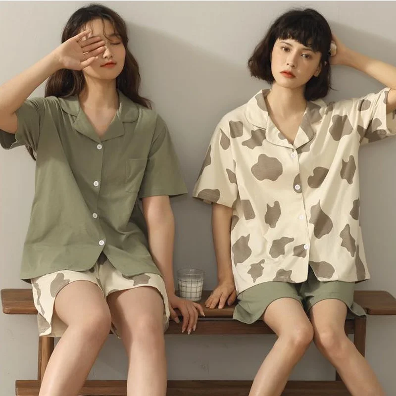 

Женские хлопковые пижамы, зеленые костюмы с шортами, летняя одежда для дома и сна, кардиган в японском стиле с сердечками, одежда для сна