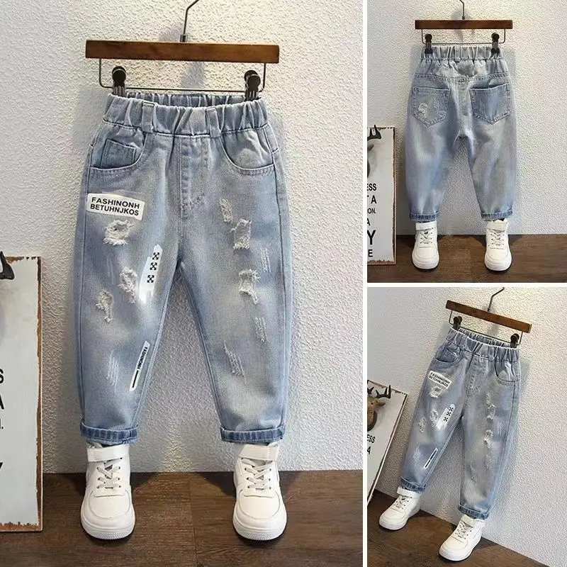 Boys Jeans for Children's Wear Spring and Autumn 2023 New Baby Fashion Korean Fit Long Pants for Children's Hole Jeans 2-9Y