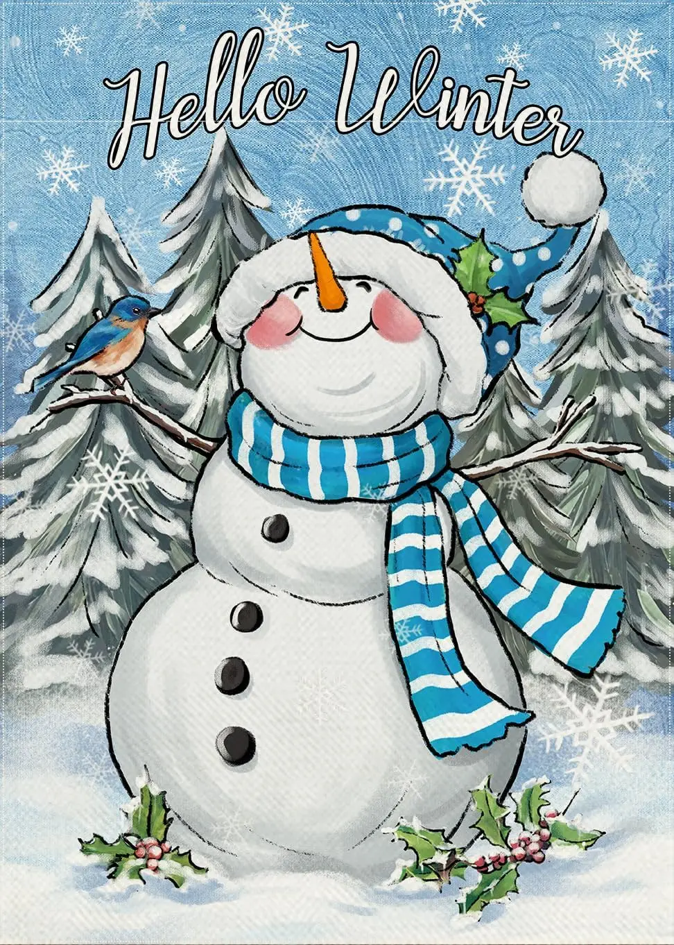 Привет Зимний Снеговик Декоративный Садовый Флаг Снежная Сосна Синяя Птица