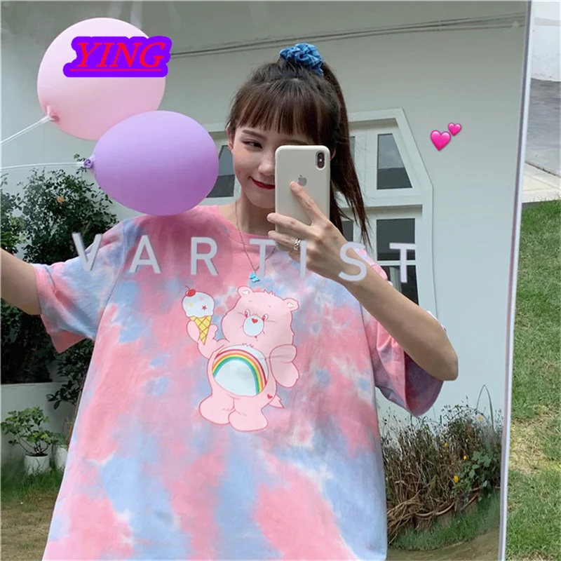 

Anti-Wrinkle Can Not Ball 2022 Summer New Tie-Dye Cartoon Cake Bear Short-Sleeved T-shirt Female Student Loose Top