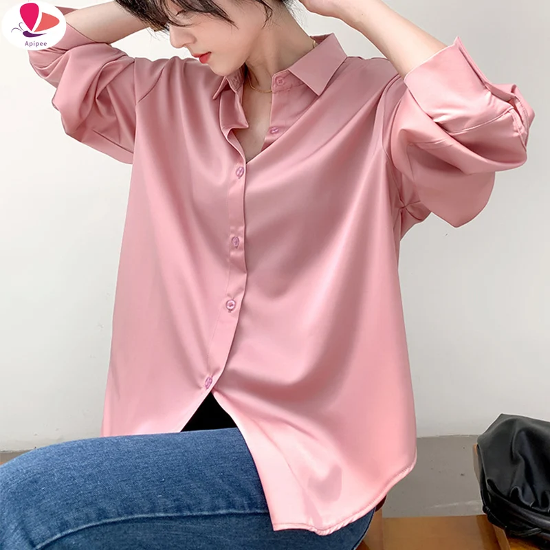 

Satin Shirt Womens Clothing Silk Shirts Vintage Blouse Office Lady Sheer Top Longsleeve Dress Shirt Ladies Overshirt