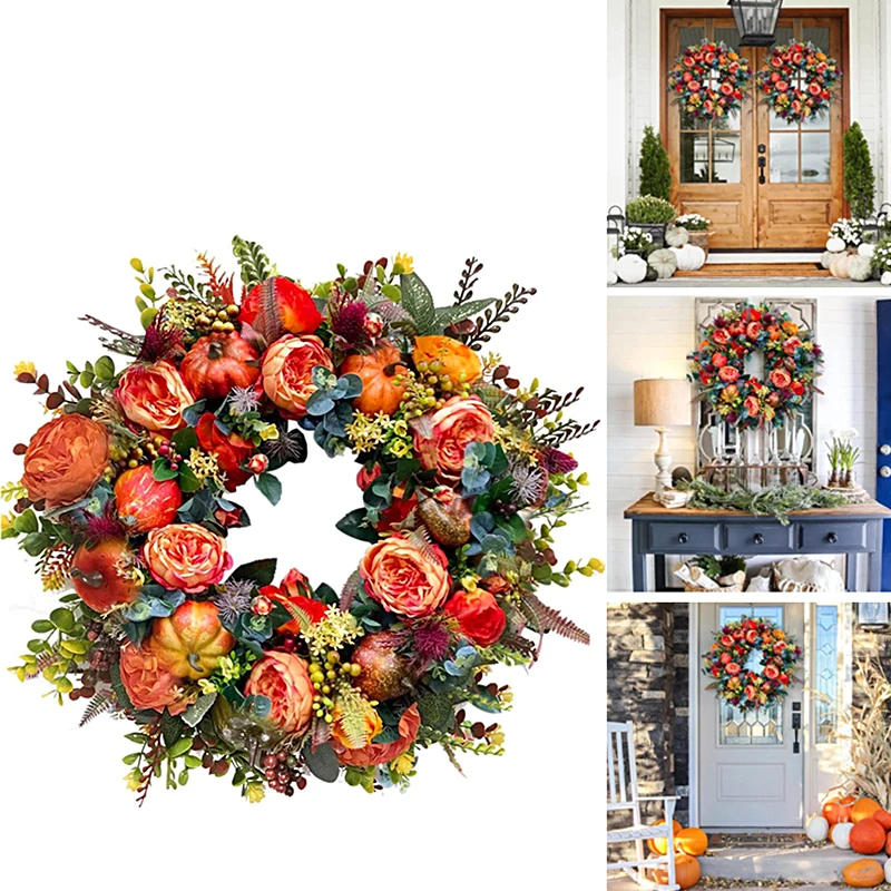 

1PC Peony and Pumpkin Wreath Round Fall Wreaths Front Door Home Farmhouse Decor Festival Celebration Thanksgiving Decoration