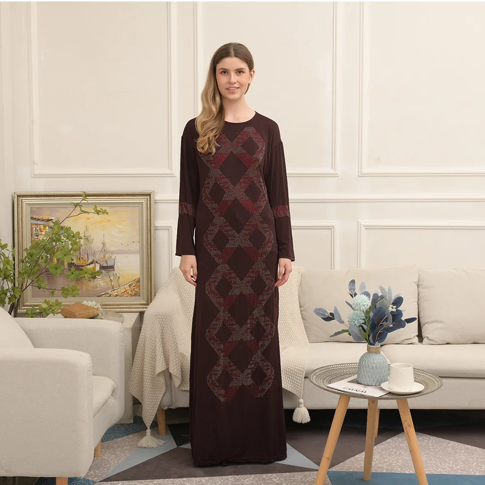 

New Middle East Arabian Loose Hot Diamond Long Shirt Loose Burgundy Crystal Linen Dress Ladies Muslim Clothing Ramadan Commuter