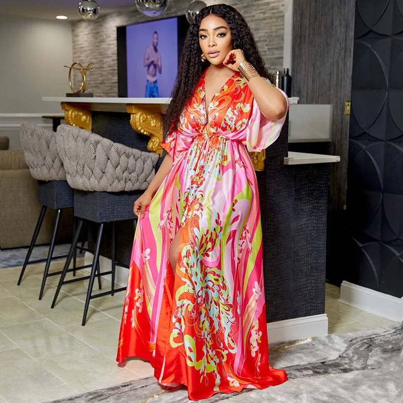 

Традиционные африканские длинные платья для женщин 2023 Дашики полиэстер мусульманский принт модный пляжный стиль летнее сексуальное платье с подолом Анкара Халат