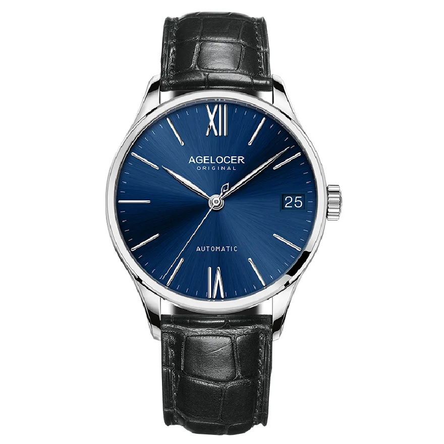 

AGELOCER Mechanical Watches for Men Blue Dial Sapphires Lens Glass Dress Automatic Watches Luxury Leather Top Brand 7074A1