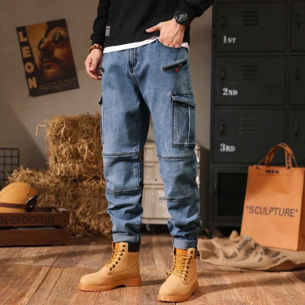 

Trendy Vintage Pockets Cargo Jeans Men Casual Loose Baggy Straight Trousers Tactical Streetwear Pants Cotton Clothing
