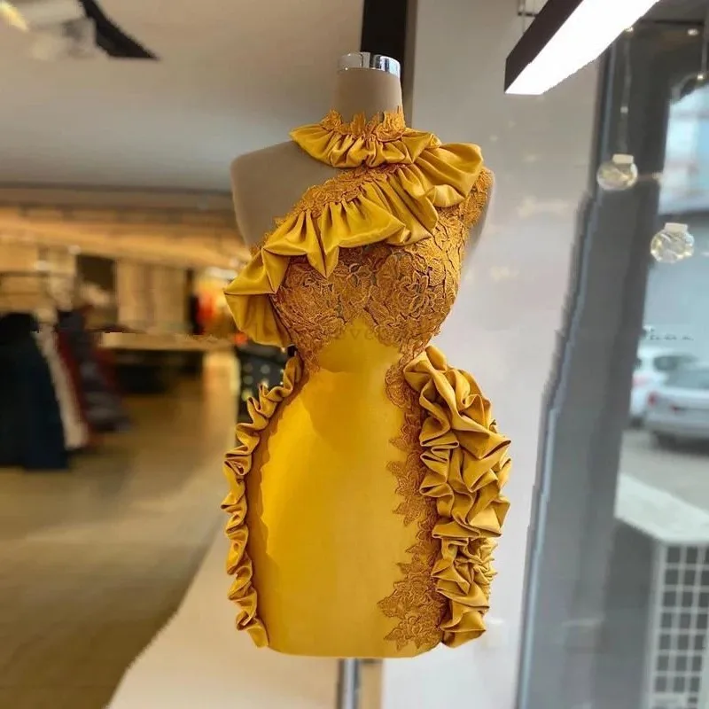 

Real Image Gold Sheath Lace Short Cocktail Dresses Ruffles One Shoulder Mini Maxi Dress To Party Sexy Female Dress